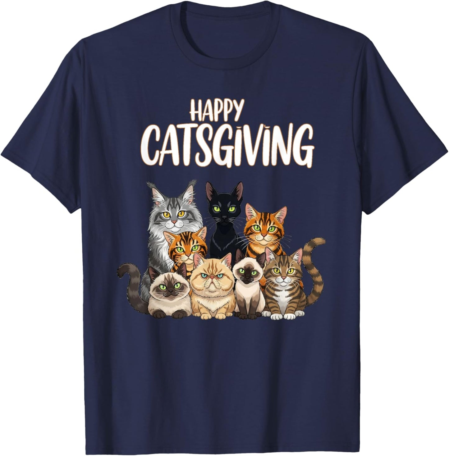 Funny Thanksgiving Cat Lovers Gift Happy Catsgiving T-Shirt - T-Shirt | Navy