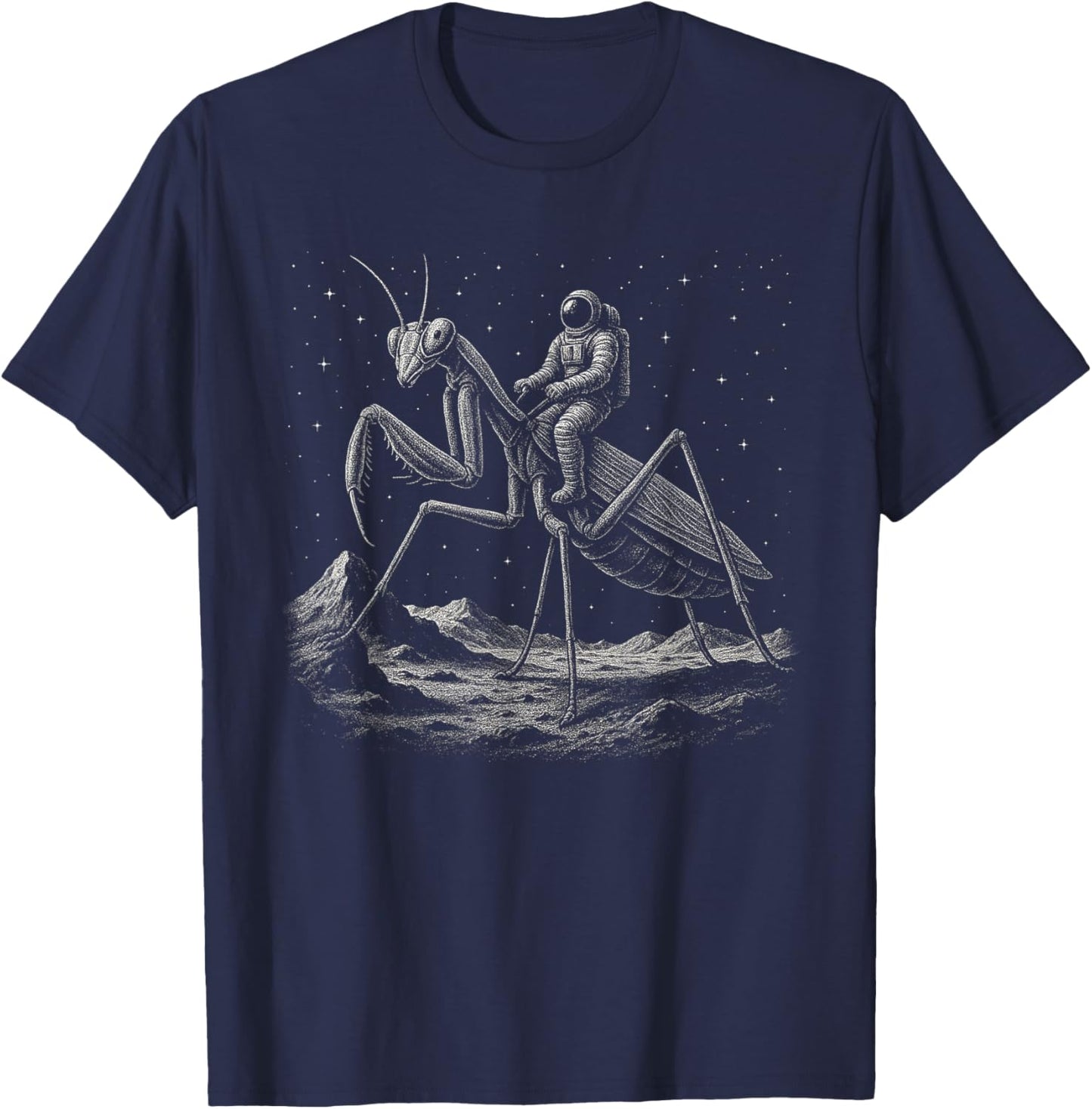 Astronaut Riding Praying Mantis Space Moon Insect Weird Meme T-Shirt - T-Shirt | Navy
