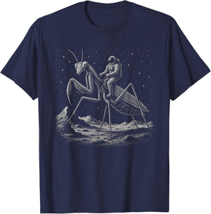 Astronaut Riding Praying Mantis Space Moon Insect Weird Meme T-Shirt - T-Shirt | Navy