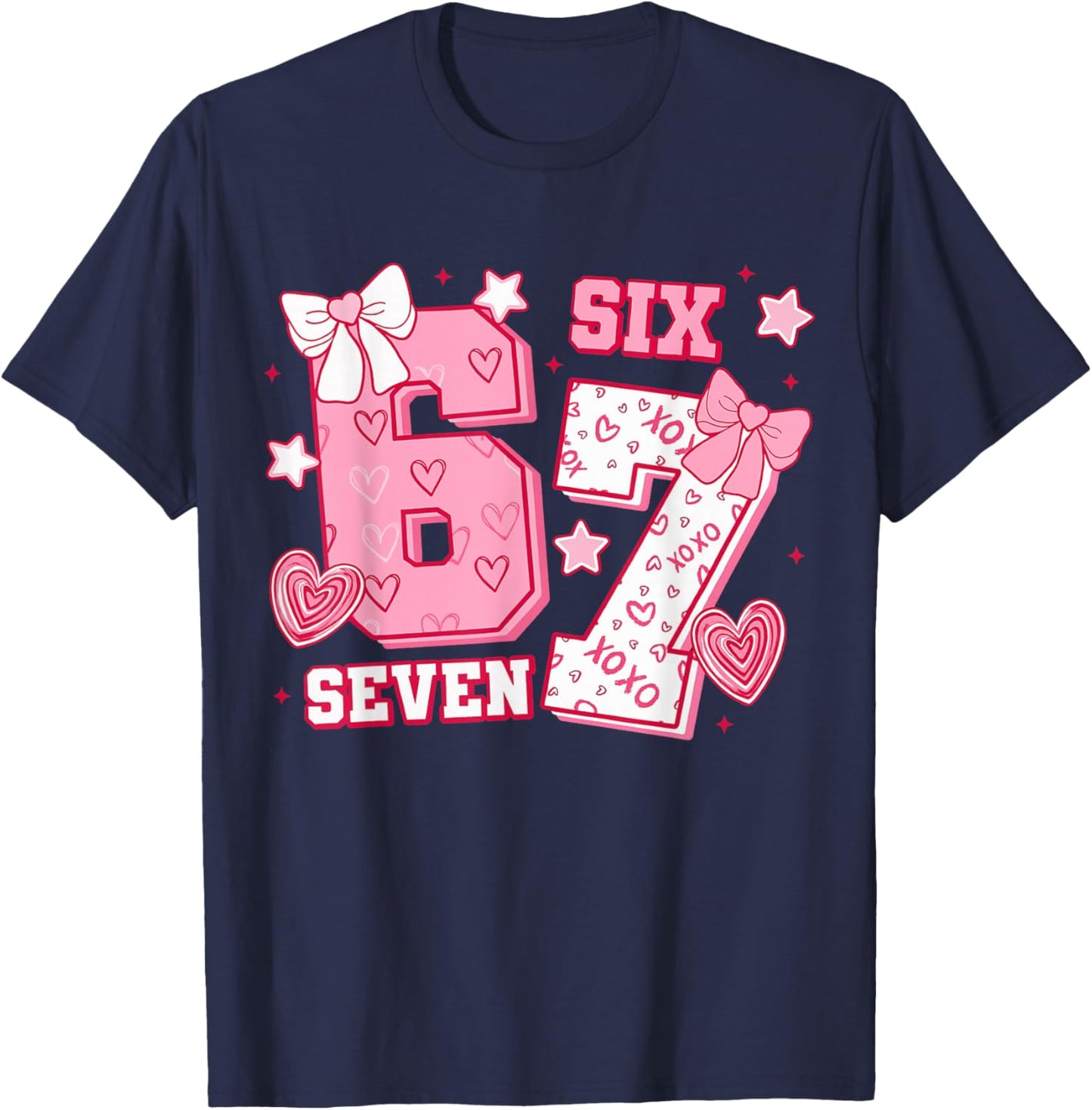 Pink Coquette Bow 67 Six Seven Meme Valentines Day T-Shirt - T-Shirt | Navy