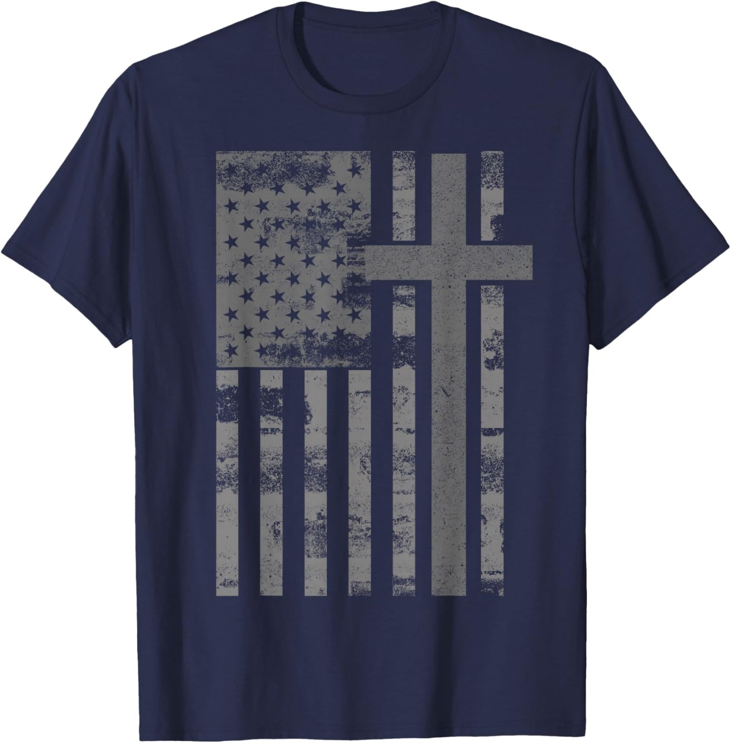 American USA Flag Christian Cross Patriotic Grunge T-Shirt - T-Shirt | Navy