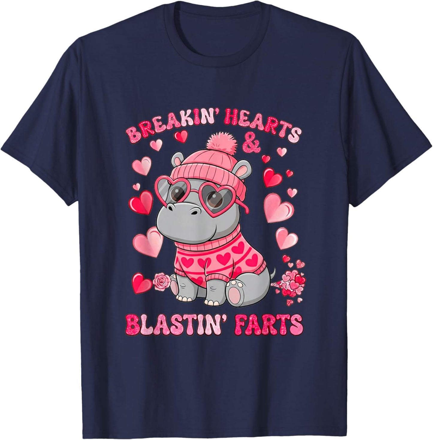 Funny Hippo Breaking Hearts Blasting Farts Valentines Day T-Shirt - T-Shirt | Navy