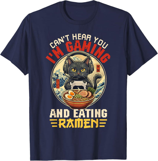 Kawaii Cat Gamer Gaming Eating Ramen Boys Kids Toddlers T-Shirt - T-Shirt | Navy