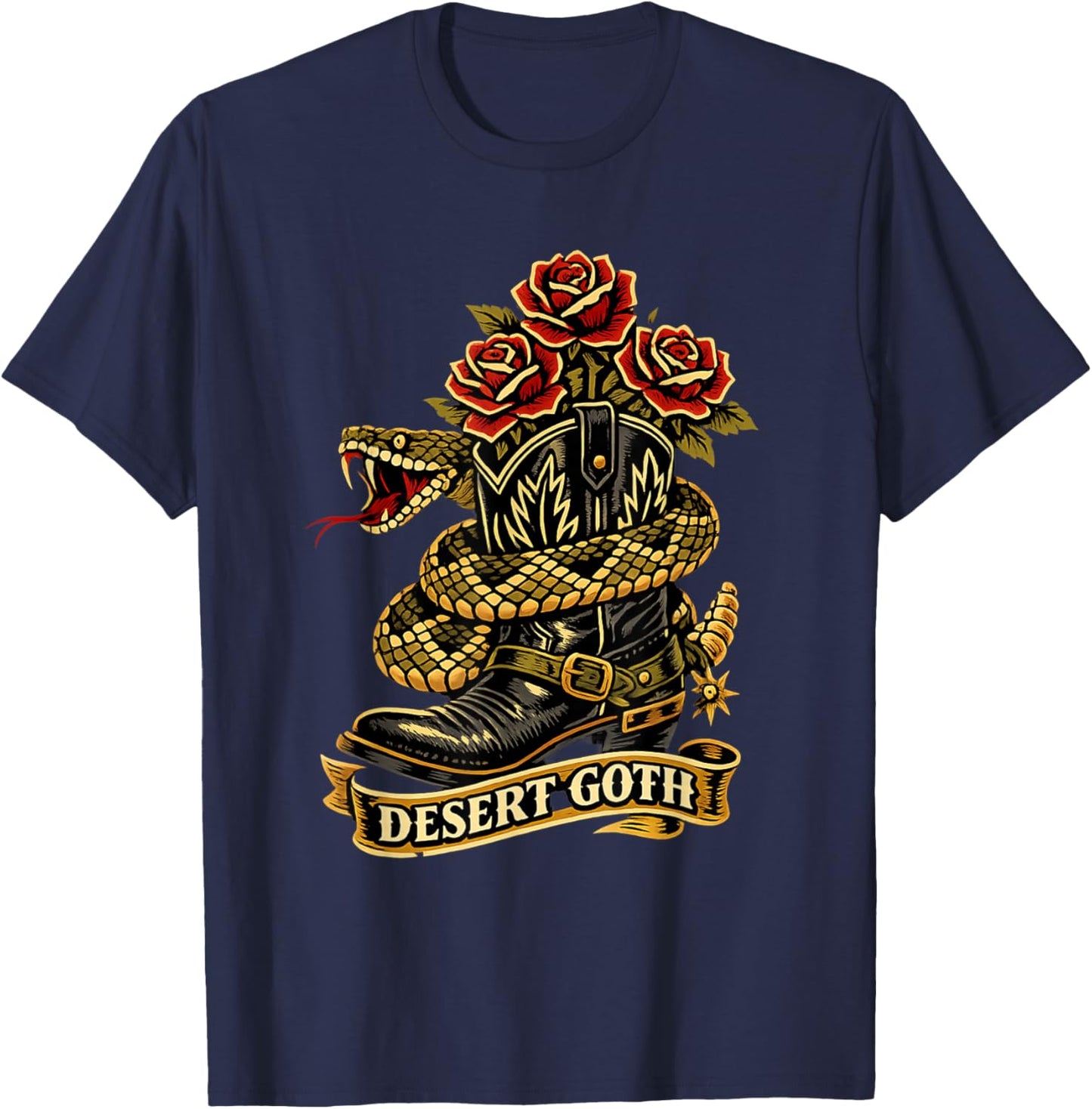 Desert Goth Traditional Tattoo Flash Boot Rattlesnake Roses T-Shirt - T-Shirt | Navy