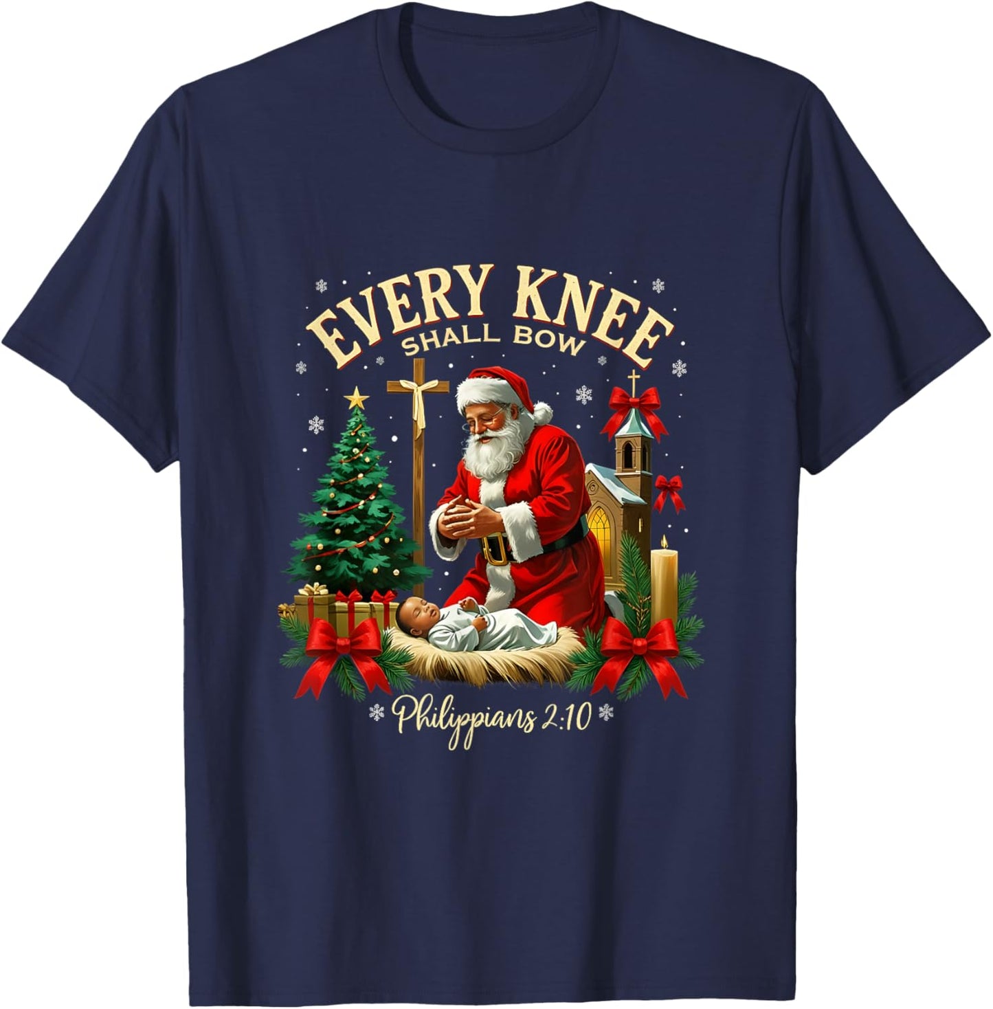 Santa Christmas Nativity Scene Xmas Every Knee Shall Bow T-Shirt - T-Shirt | Navy