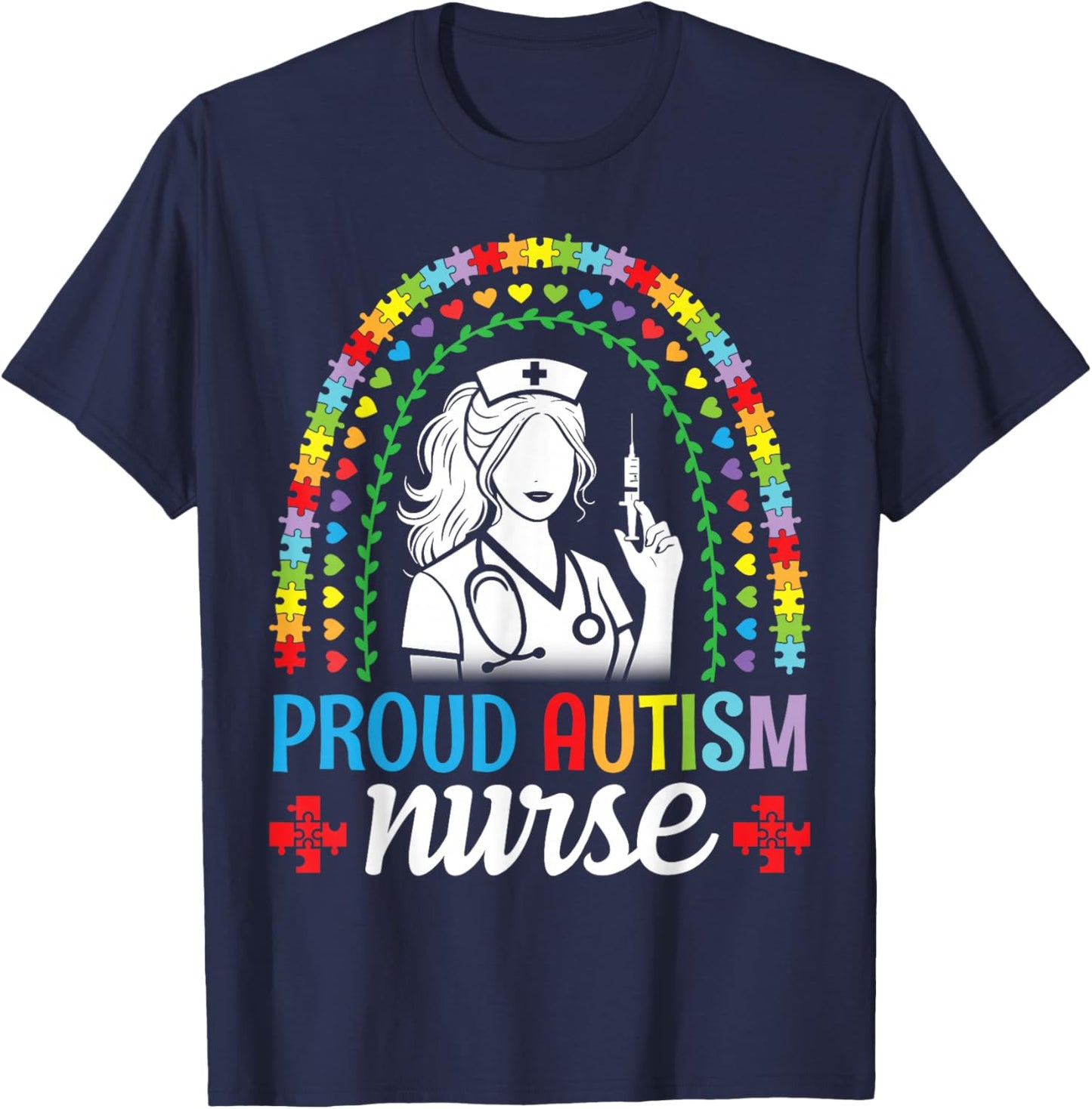 Proud Autism Nurse Awareness Puzzle Rainbow Medical Health T-Shirt - T-Shirt | Navy