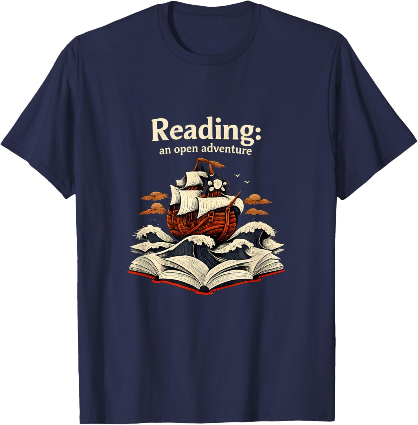 Reading an Open Adventure Pirate Ship Book Lover Art T-Shirt - T-Shirt | Navy