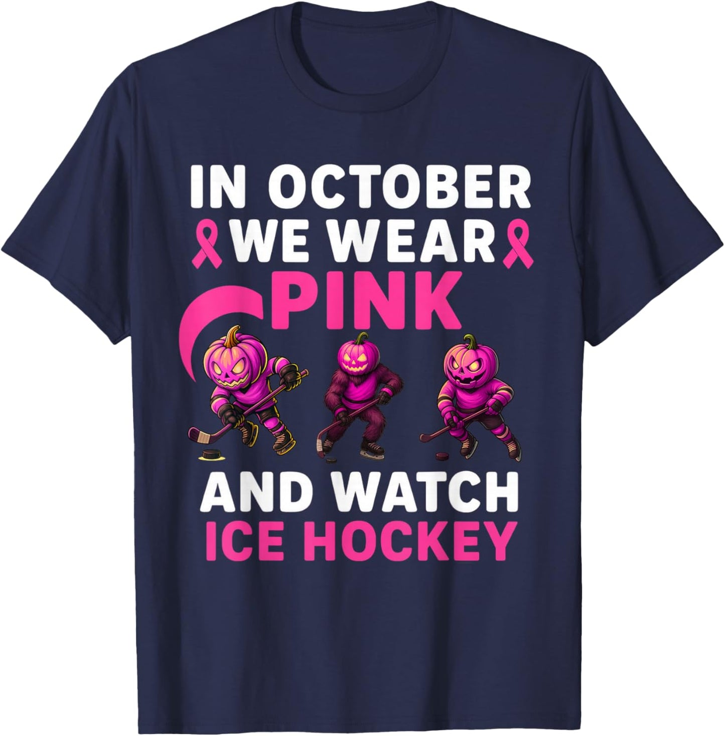 in October We Wear Pink Mythical Ice Hockey Creatures T-Shirt - T-Shirt | Navy