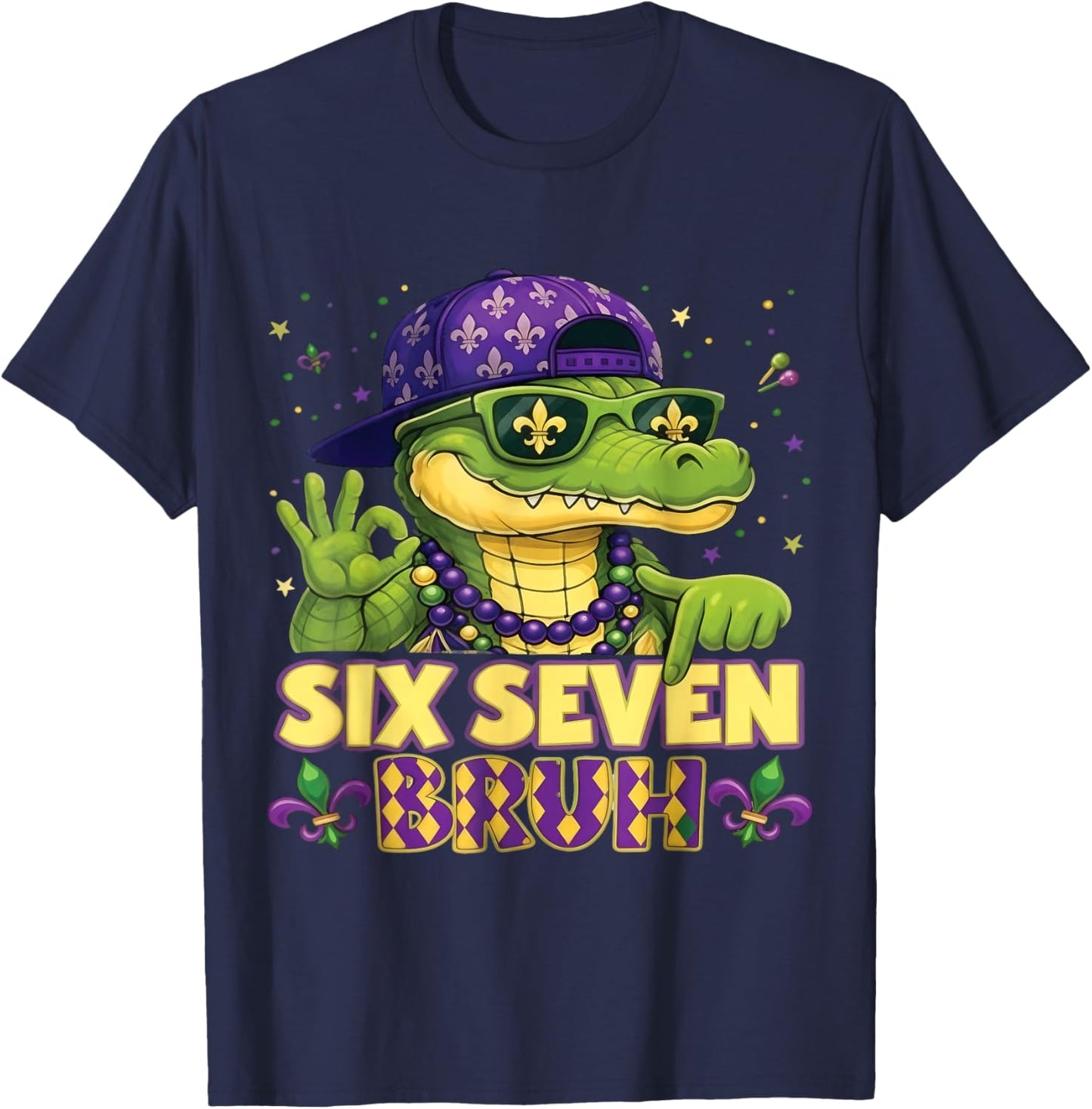 Mardi Gras Six Seven Bruh Mardigator Alligator 6 7 Meme Boys T-Shirt - T-Shirt | Navy