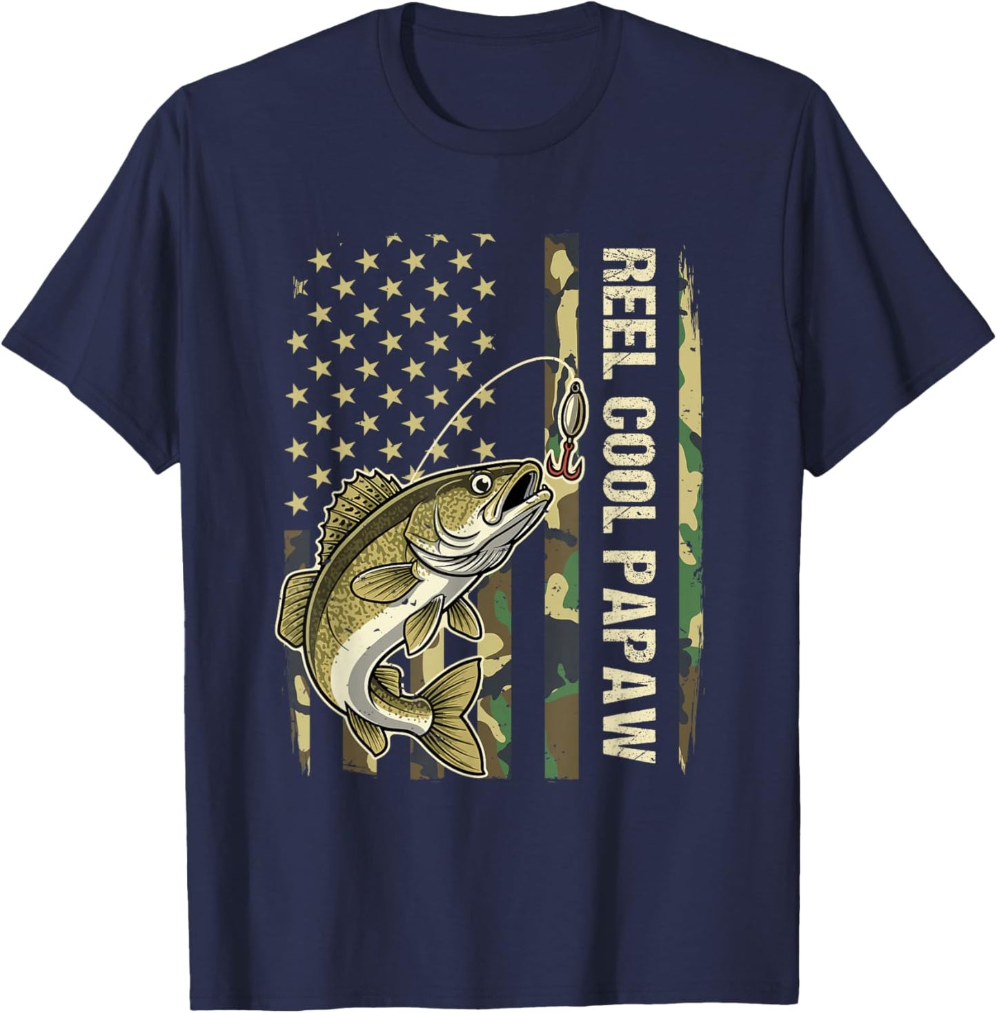 Reel Cool Papaw Walleye Fishing Camo American Flag Fisherman T-Shirt - T-Shirt | Navy