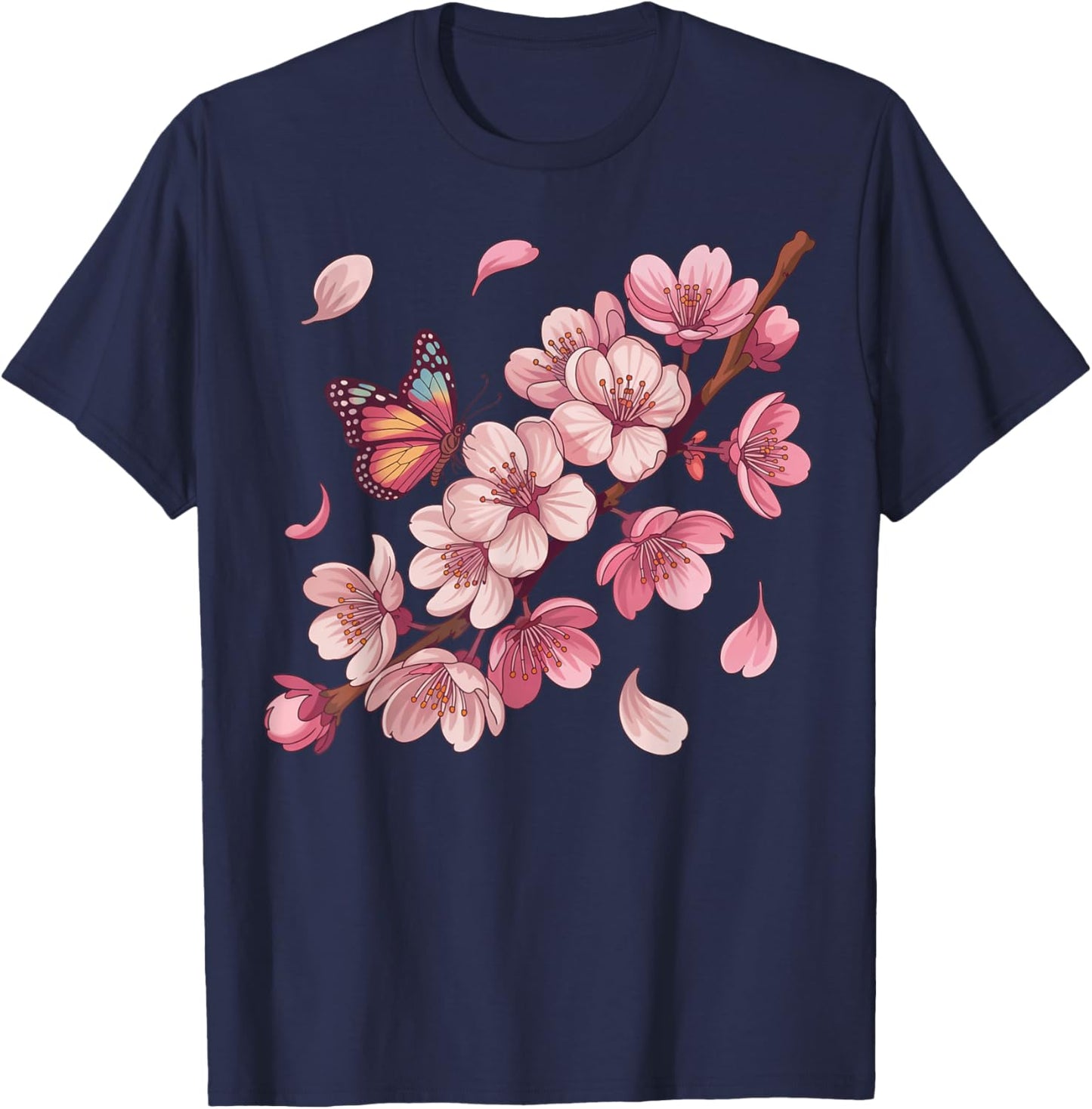 Sakura Blossom and Butterfly Japanese Art and Cherry Blossom T-Shirt - T-Shirt | Navy