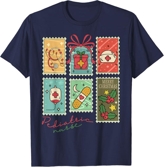 Merry Pediatric Emergency Nurse Christmas Retro Groovy T-Shirt - T-Shirt | Navy