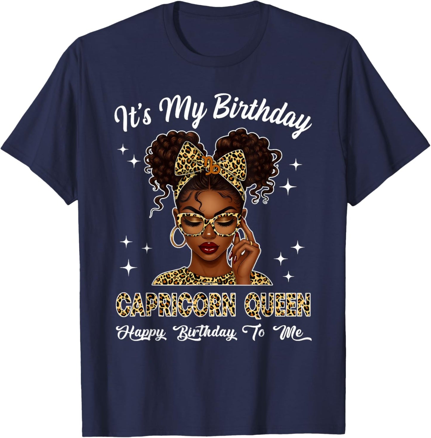Capricorn Queen Black Girl Leopard Bow It's My Birthday T-Shirt - T-Shirt | Navy