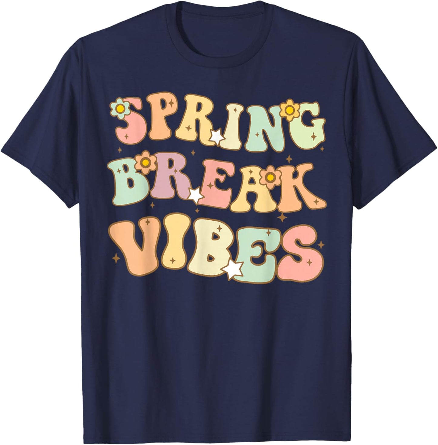 Spring Break Vibes Funny Teacher Groovy Floral Vacation T-Shirt - T-Shirt | Navy