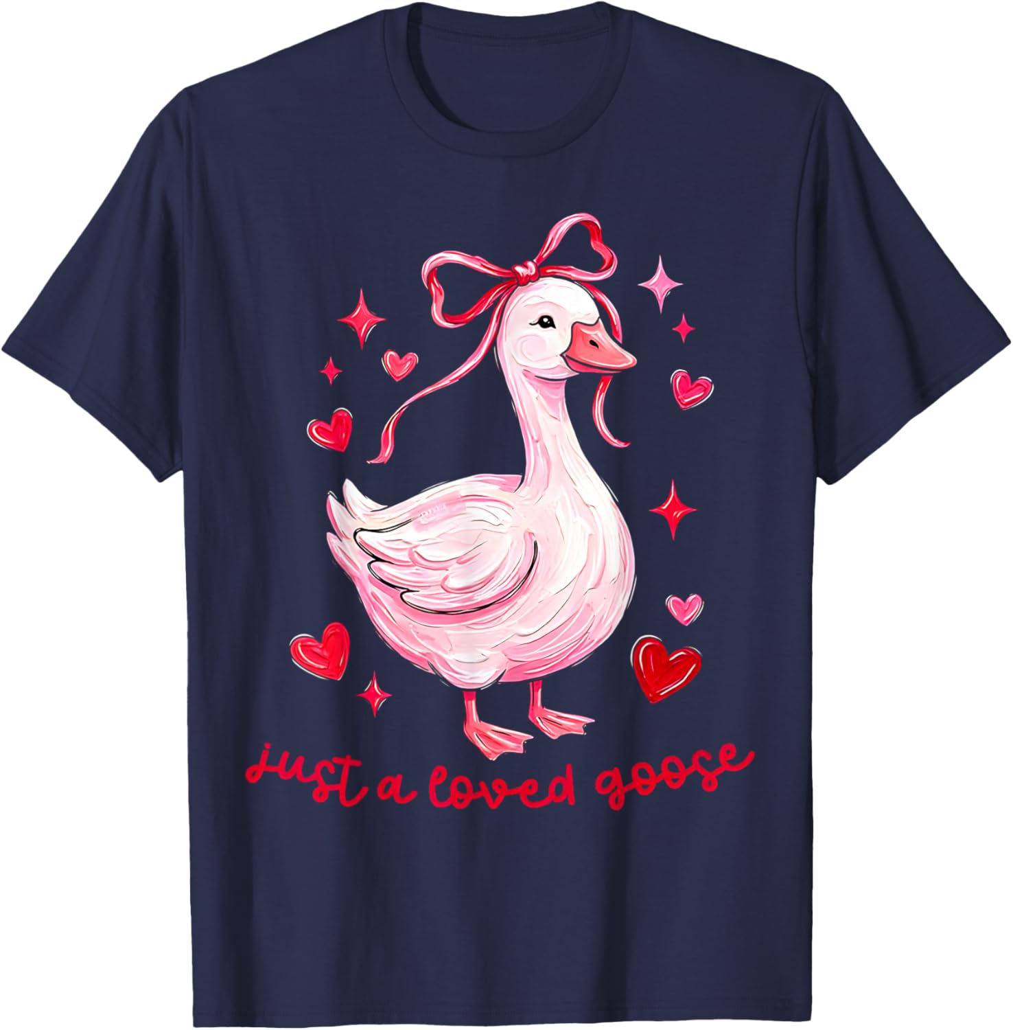 Just A Loved Goose Funny Valentine Coquette Bow Love Heart T-Shirt - T-Shirt | Navy