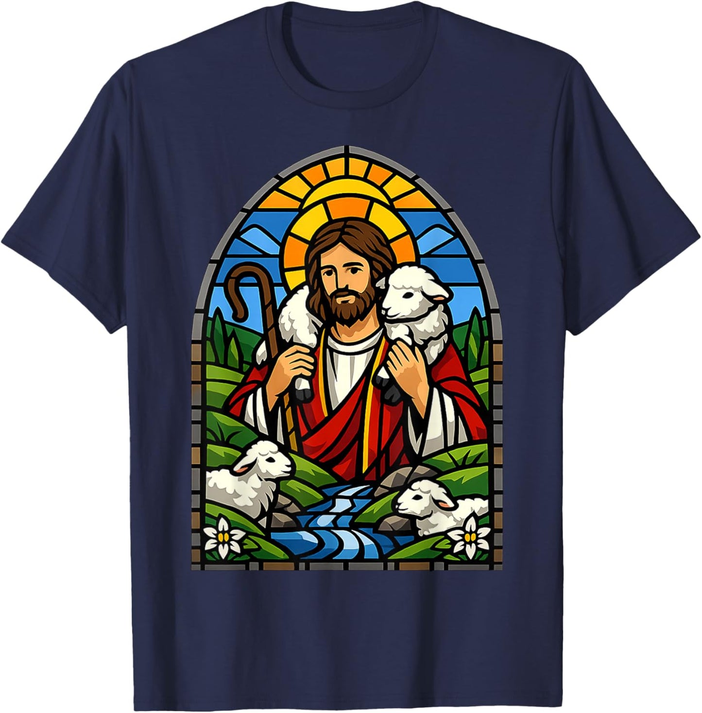 Stained Glass Jesus Shepherd with Lambs Christian Art Design T-Shirt - T-Shirt | Navy