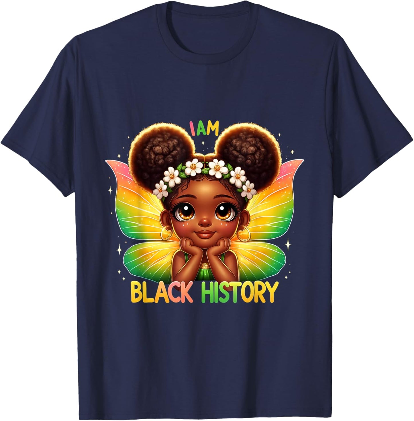 I Am Black History Black Girl Fairy Afro Puff Art T-Shirt - T-Shirt | Navy
