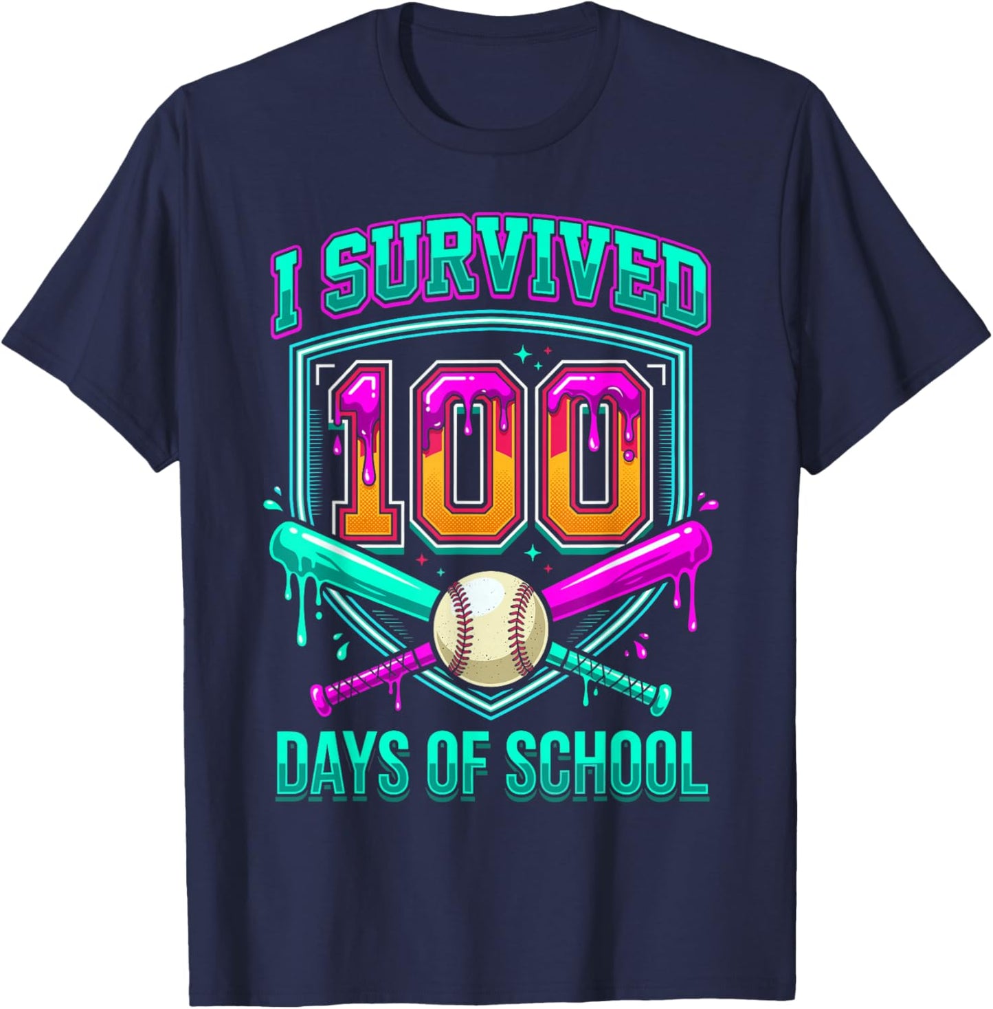 I Survived 100 Days of School Baseball Drip T-Shirt - T-Shirt | Navy