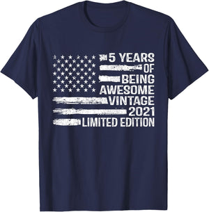Kids 5 Years Old Birthday Vintage American Flag 5th Birthday T-Shirt - T-Shirt | Navy