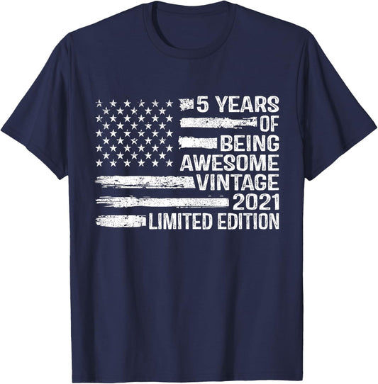 Kids 5 Years Old Birthday Vintage American Flag 5th Birthday T-Shirt - T-Shirt | Navy