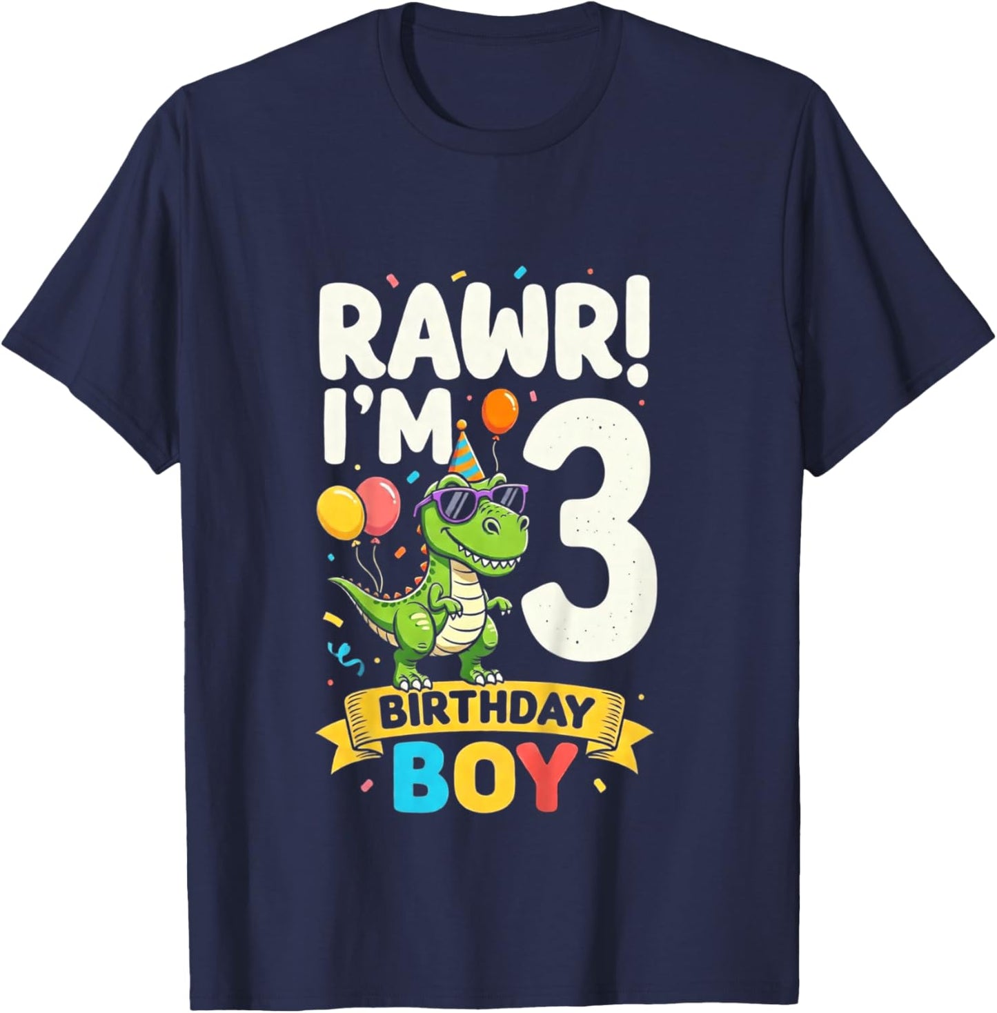 Kids Three 3yr 3rd Birthday Rawr Dinosaur 3 Year Old Birthday Boy T-Shirt - T-Shirt | Navy