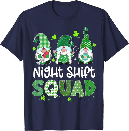 Night Shift Squad Gnome Nurse Lucky Shamrock St Patricks Day T-Shirt - T-Shirt | Navy