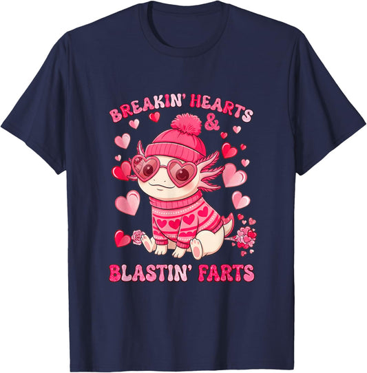 Funny Axolotl Breaking Hearts Blasting Farts Valentines Day T-Shirt - T-Shirt | Navy