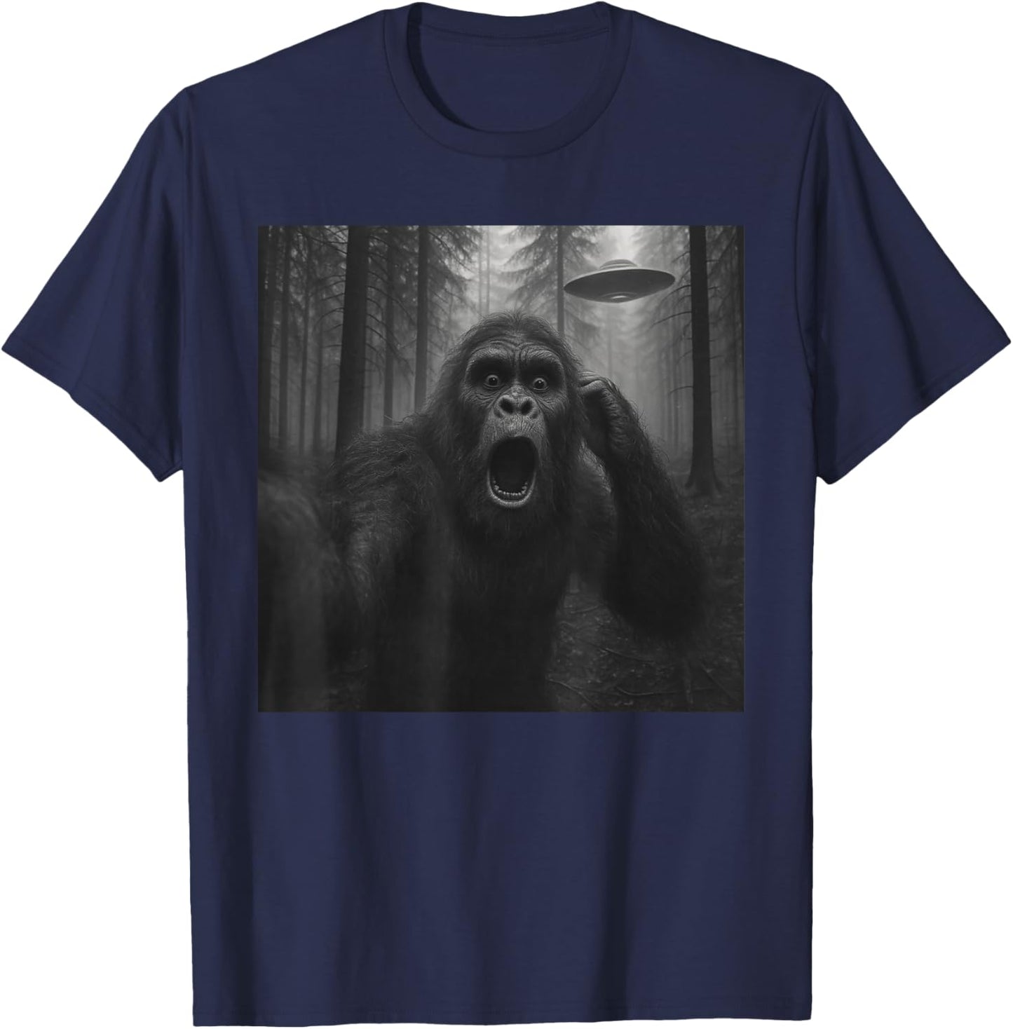 Bigfoot Alien UFO Selfie Funny Sasquatch Meme Men Women Kids T-Shirt - T-Shirt | Navy