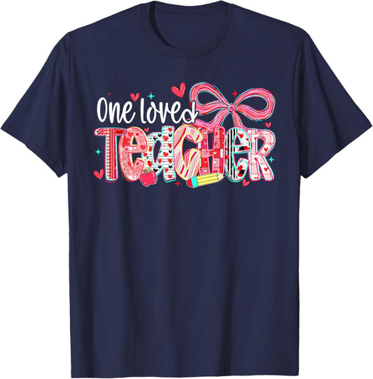 Teacher Valentine Loved Teacher Valentine's Day Coquette Bow T-Shirt - T-Shirt | Navy