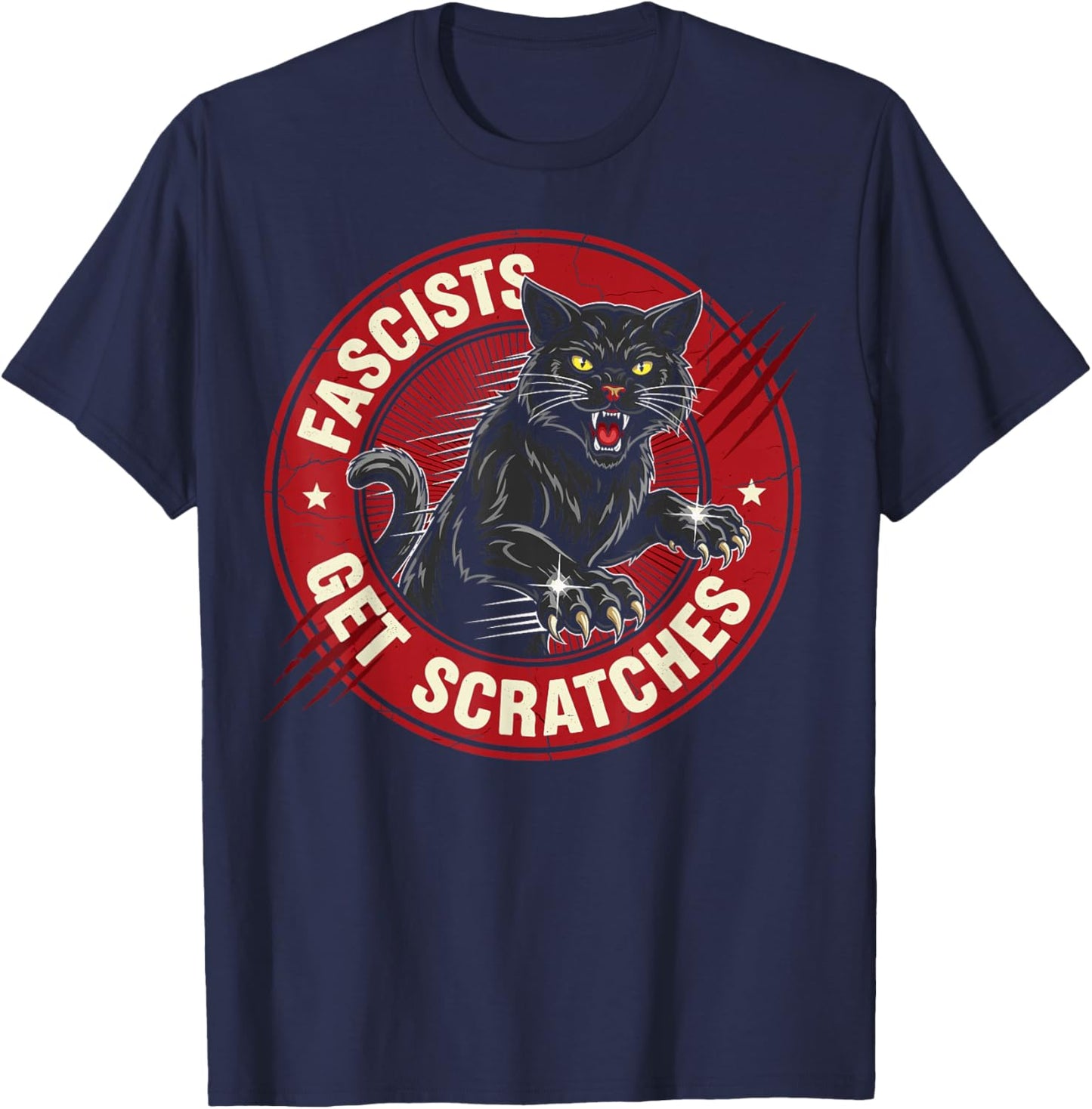 Vintage Black Cats Against Fascists Get Scratches T-Shirt - T-Shirt | Navy