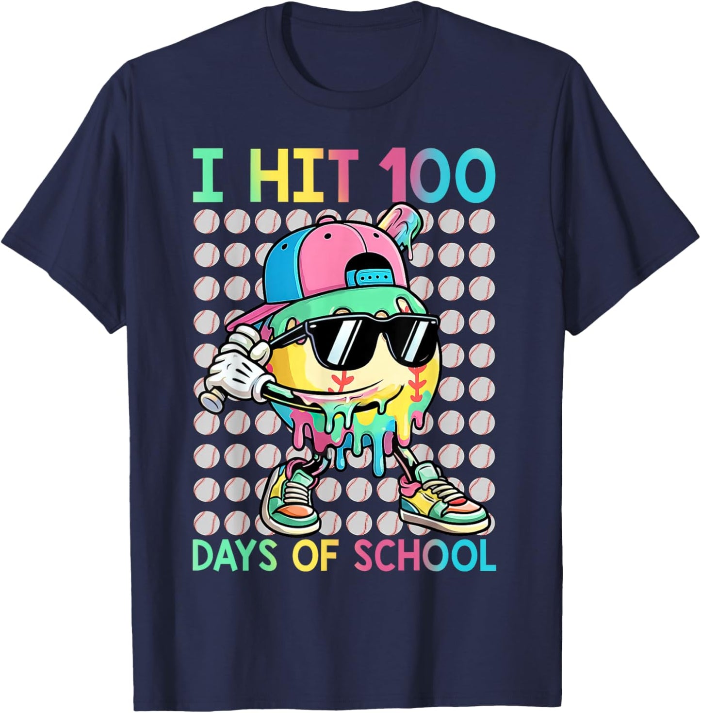 I Hit 100 Days of School Baseball Drip 100th Day of School T-Shirt - T-Shirt | Navy