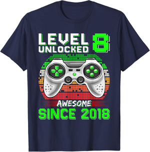 Level 8 Unlocked Awesome Since 2018 Video Gamer 8th Bday T-Shirt - T-Shirt | Navy