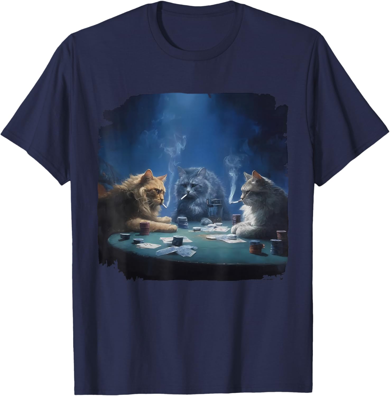 Funny Cats Smoking Playing Poker Gambling Pot Cards Meme T-Shirt - T-Shirt | Navy