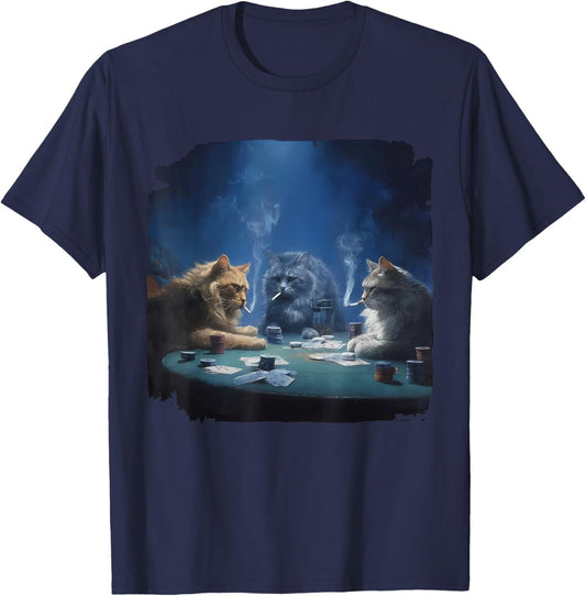 Funny Cats Smoking Playing Poker Gambling Pot Cards Meme T-Shirt - T-Shirt | Navy