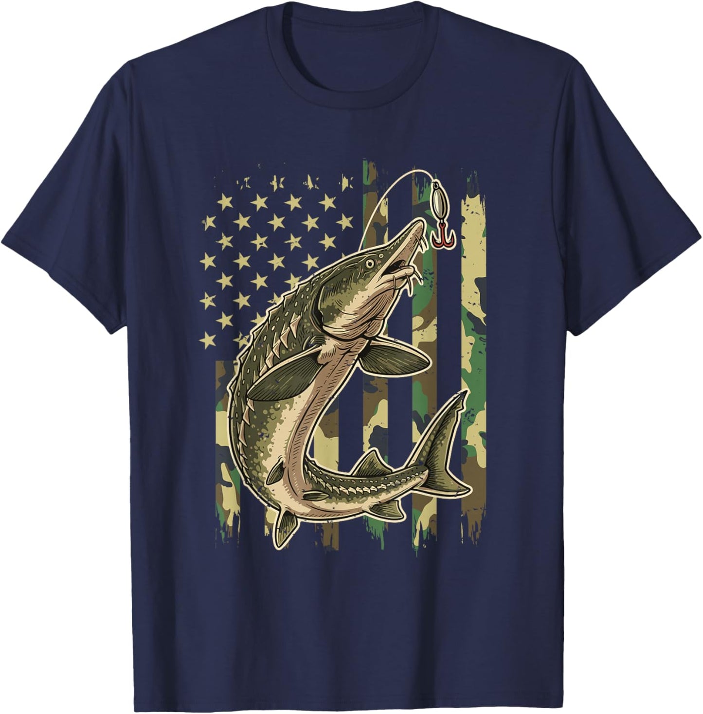 Vintage Sturgeon Fishing Camo American Flag Fisherman T-Shirt - T-Shirt | Navy