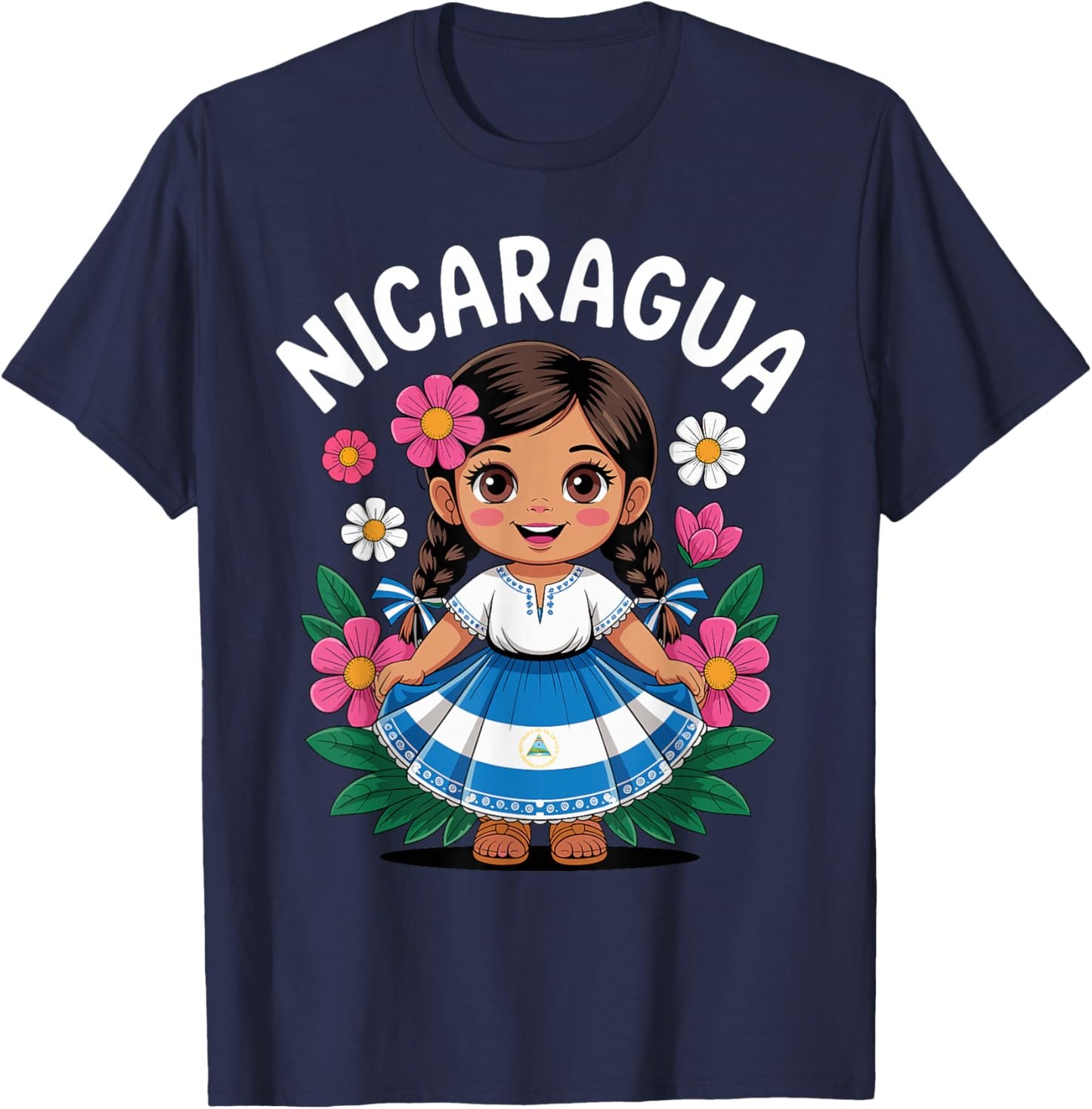 Cute Nicaragua Girl Traditional Dress with Flag Art for Kids T-Shirt - T-Shirt | Navy