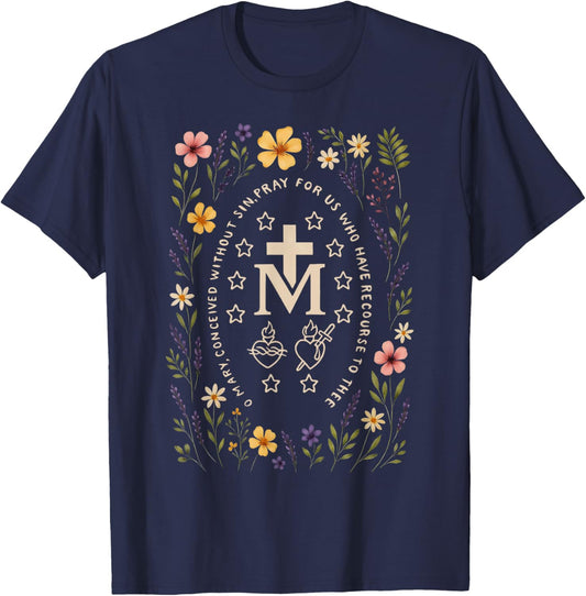Marian Cross Floral Virgin Mary Catholic Mary T-Shirt - T-Shirt | Navy