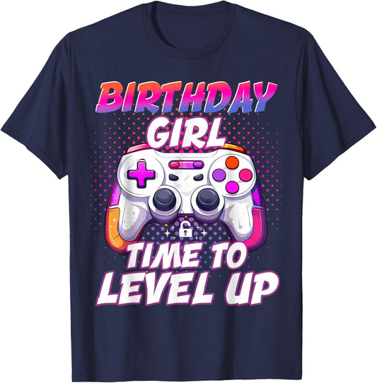 Birthday Girl Time to Level Up Video Game Bday Gamer Kids T-Shirt - T-Shirt | Navy