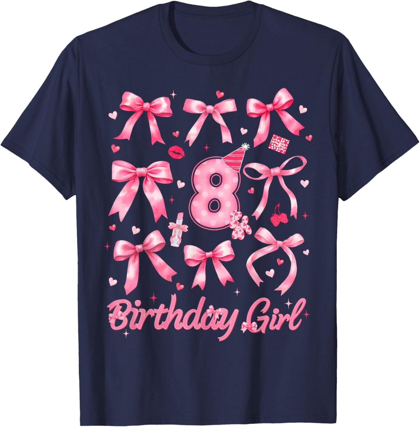 8th Birthday 8 Years Old Coquette Bow Pink Birthday Girl T-Shirt - T-Shirt | Navy