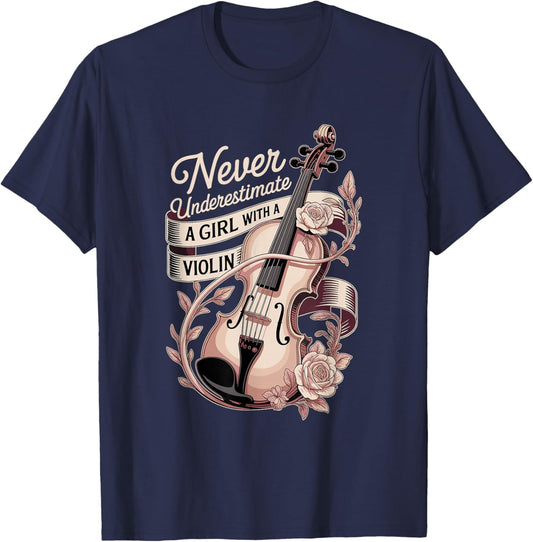 Never Underestimate A Girl with A Violin Music T-Shirt - T-Shirt | Navy