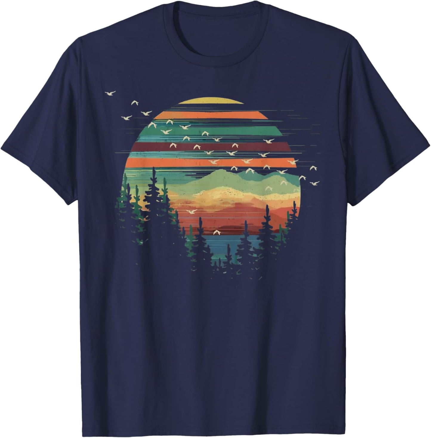 Forest Themed Retro Pine Trees Sunset Adventure Camping T-Shirt - T-Shirt | Navy