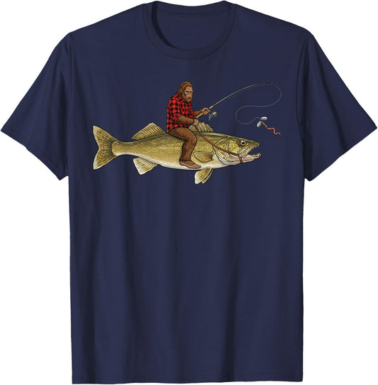 Walleye Fishing Bigfoot Riding Fisherman Funny Angler T-Shirt - T-Shirt | Navy
