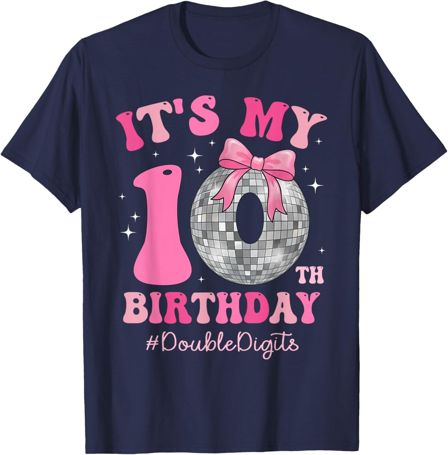 It's My 10th Birthday Girl Double Digits Bow Disco Ball T-Shirt - T-Shirt | Navy
