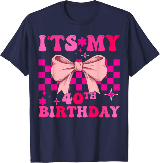 Groovy It’s My 40th Birthday Coquette Bow Girls T-Shirt - T-Shirt | Navy