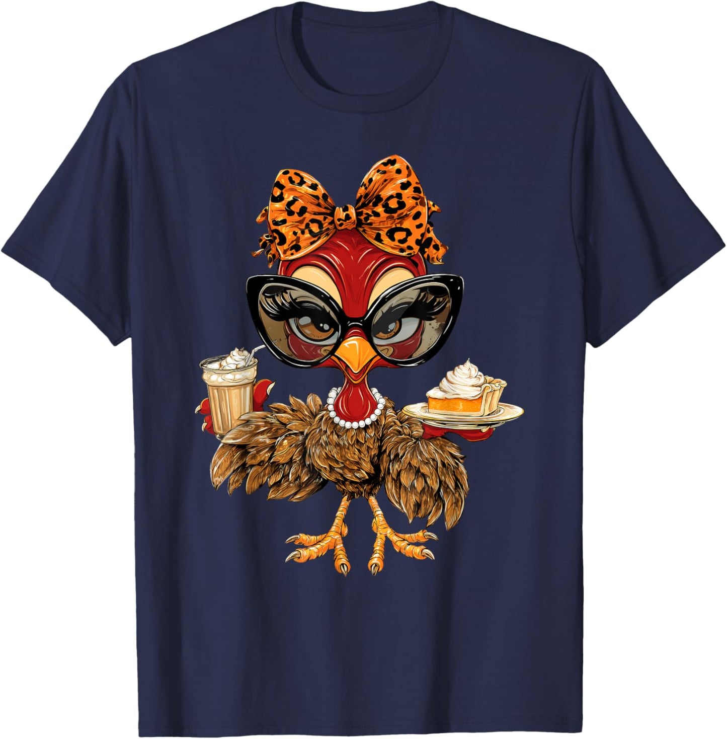 Thanksgiving Turkey Drinking Coffee Leopard Bow T-Shirt - T-Shirt | Navy