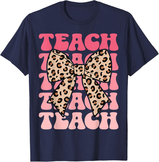 Pink Leopard Teach Coquette Bow Cute Retro Groovy Teacher T-Shirt - T-Shirt | Navy