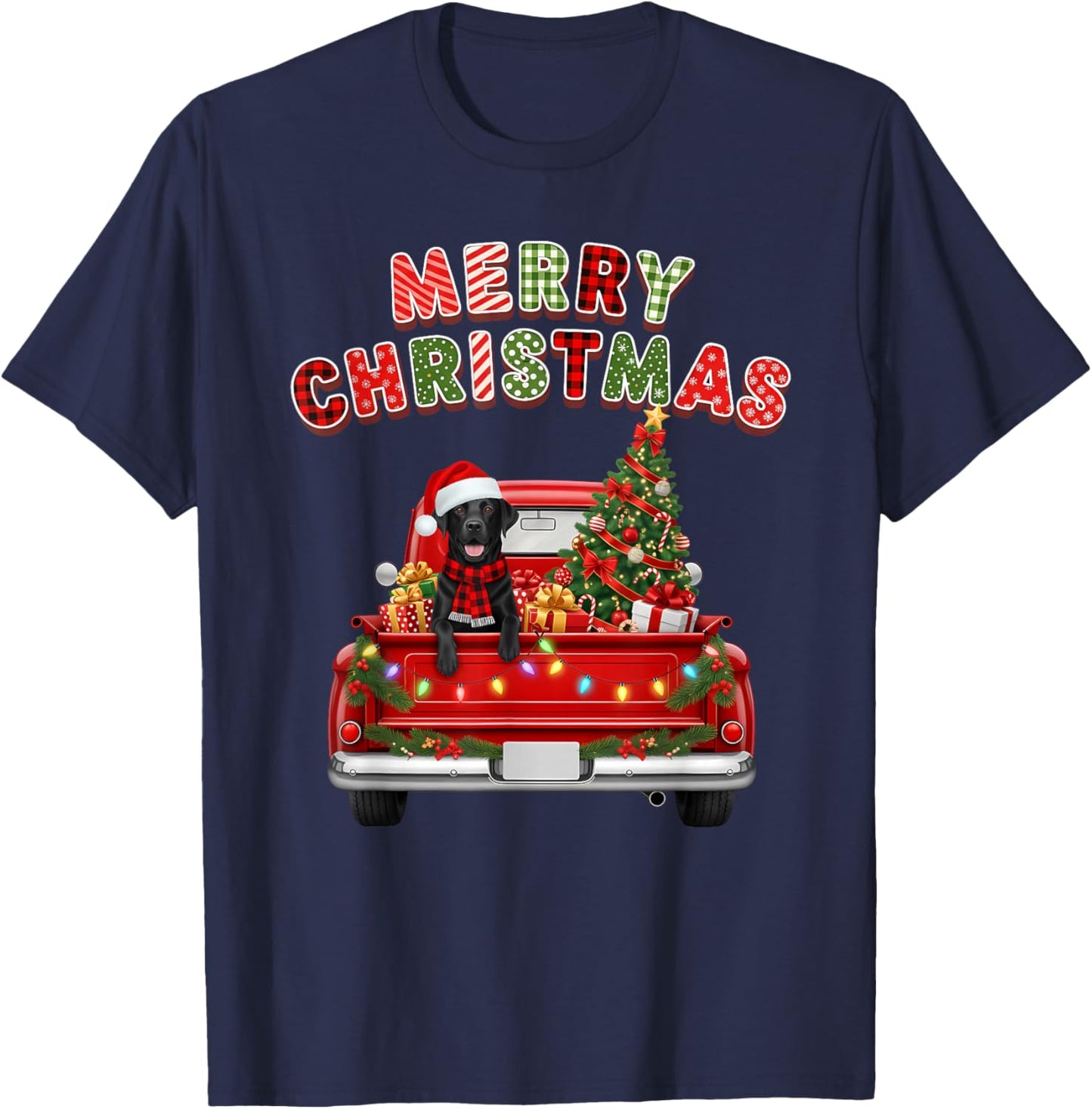 Black Lab Labrador Dog Red Truck Merry Christmas Lights Xmas T-Shirt - T-Shirt | Navy
