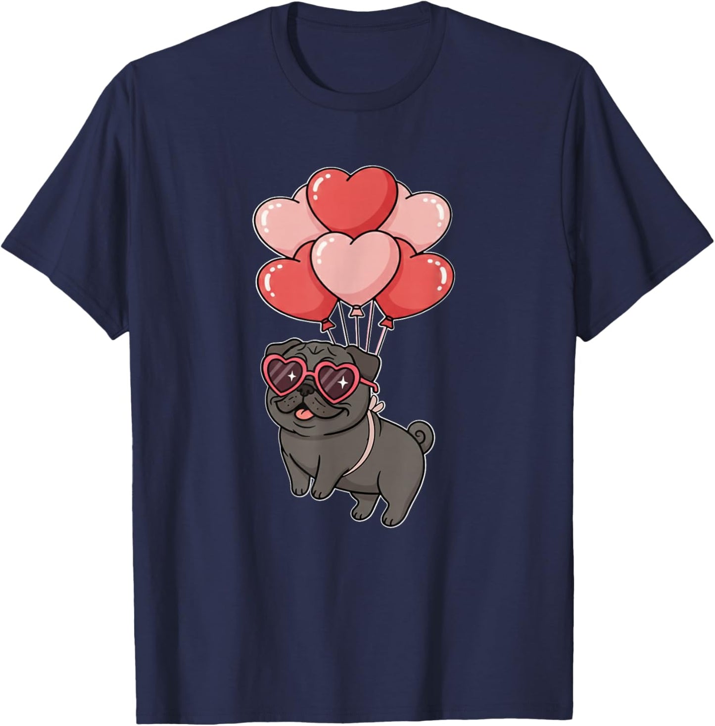 Girls Valentines Day Heart Balloons Black Pug Lover T-Shirt - T-Shirt | Navy