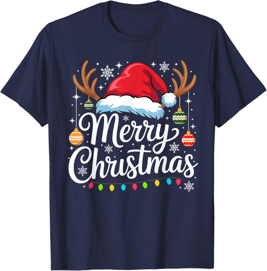 Merry Christmas Balls Lights Reindeer Santa Hat Family Xmas T-Shirt - T-Shirt | Navy
