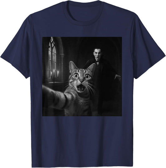 Funny Halloween Surprised Scared Cat Selfie Dracula Vampire T-Shirt - T-Shirt | Navy
